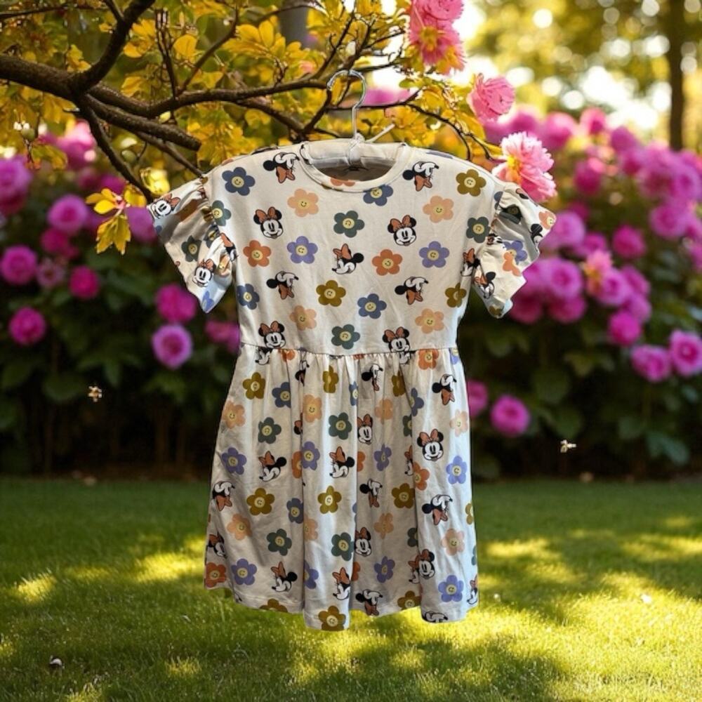 Disney Happy Face Flowers Minnie Mickey Mouse Print Dress‎ Girl’s Size 9/10 NEW